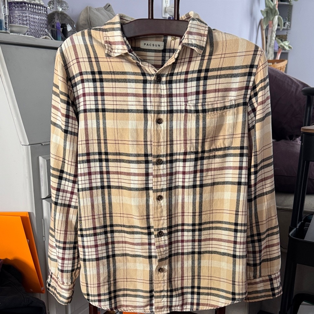 100% Cotton PacSun Tan Plaid Button-Up Shirt with Black & Burgundy Stripes